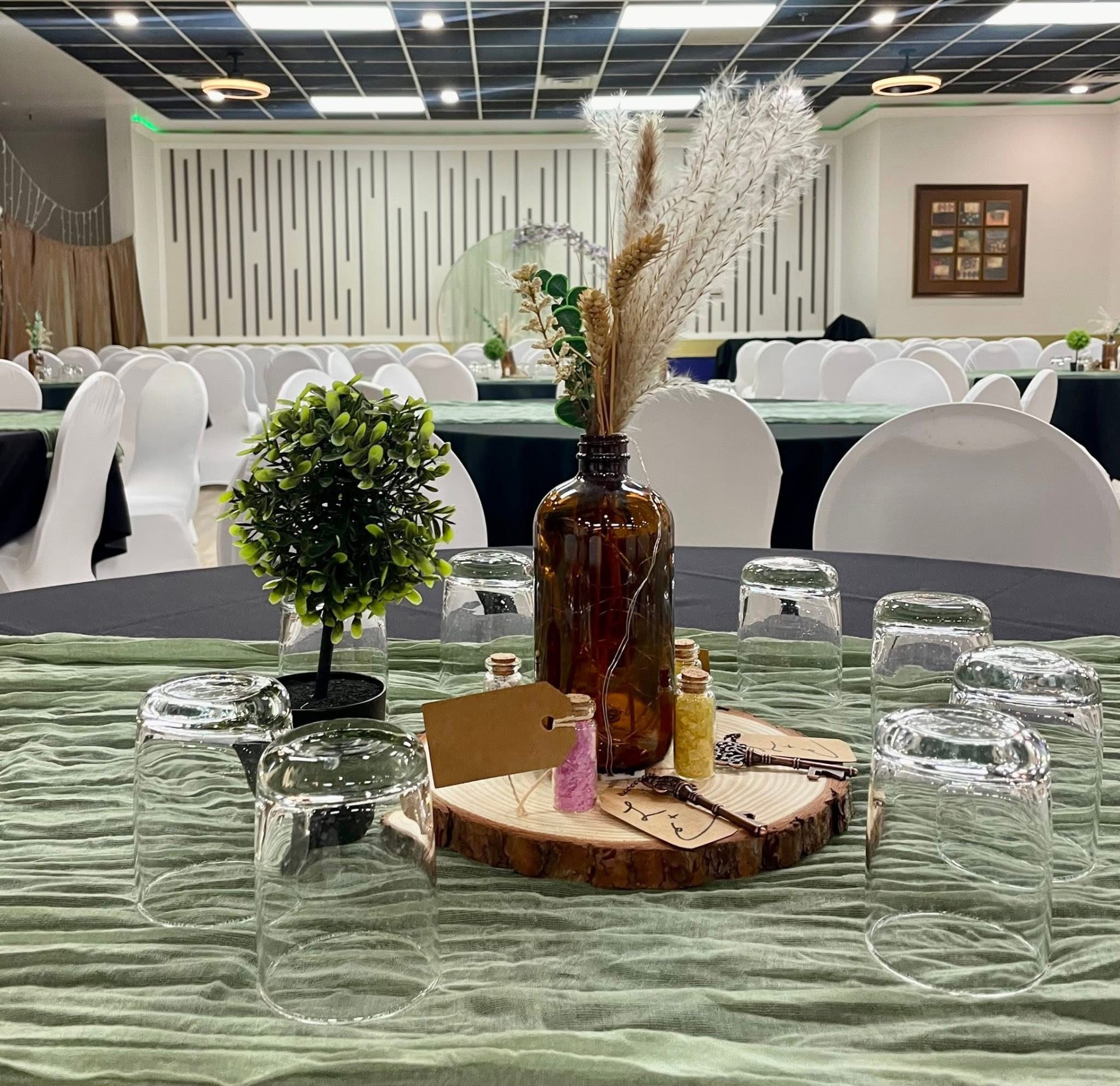 Close-up of a prepared event table inside the venue
